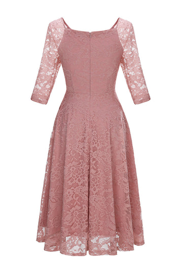 Blush V-Neck 3/4 Sleeves Lace Party Dress